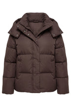 Women's hooded quilted puffer winter jacket with long sleeves and front zip