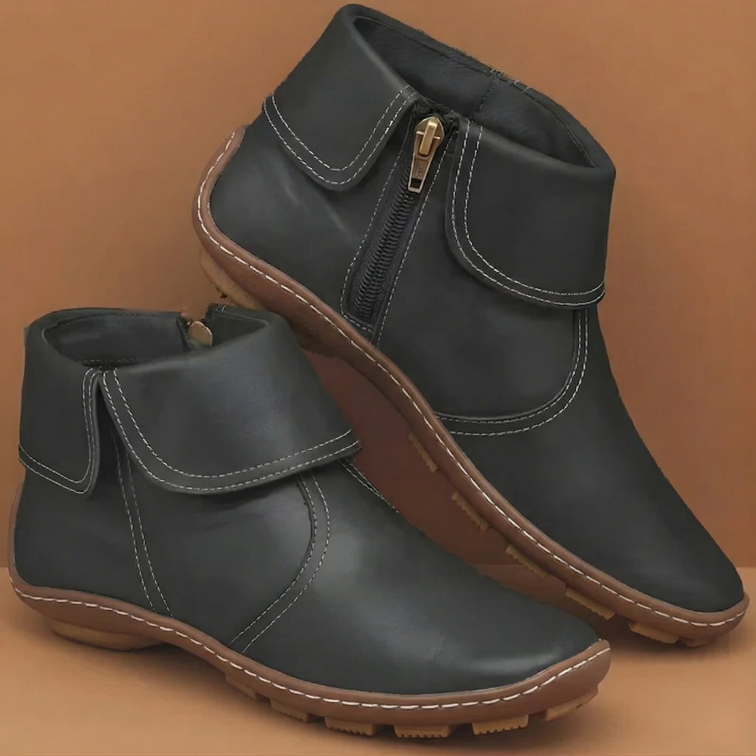 Women's ankle boots with fold-over collars, side zips, rounded toes and low heels