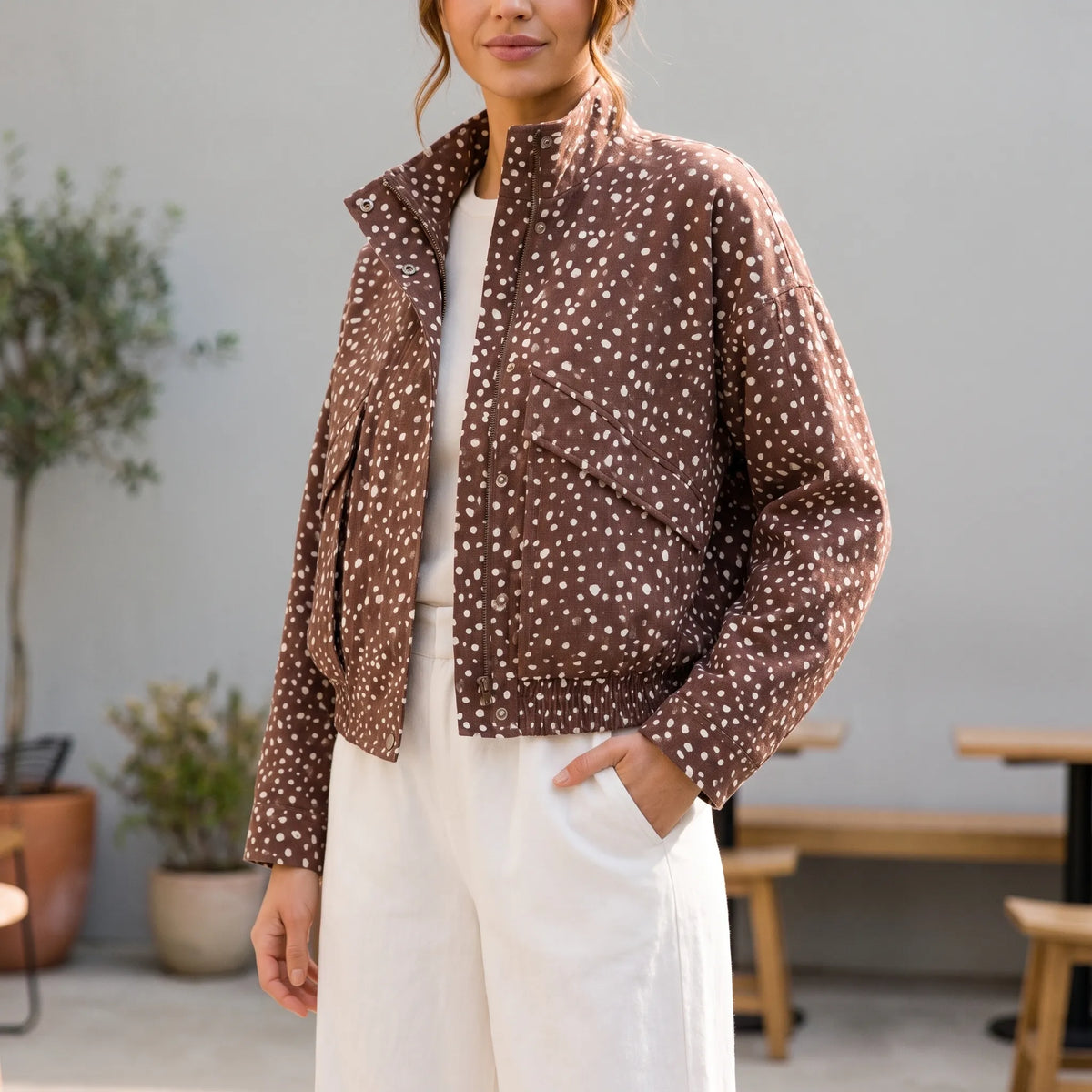 DotBomber  - Brown Polka Dot Cropped Bomber Jacket Casual Layering