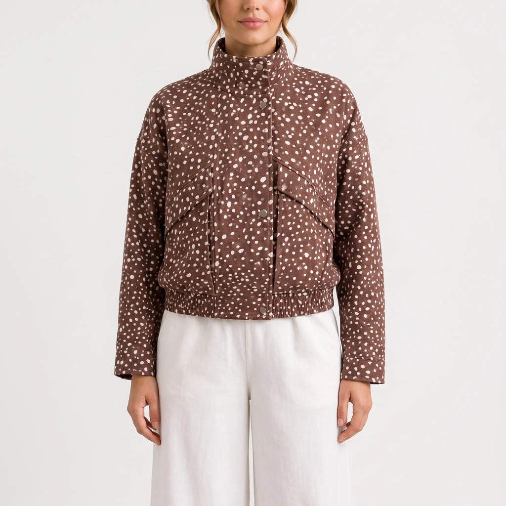 DotBomber  - Brown Polka Dot Cropped Bomber Jacket Casual Layering