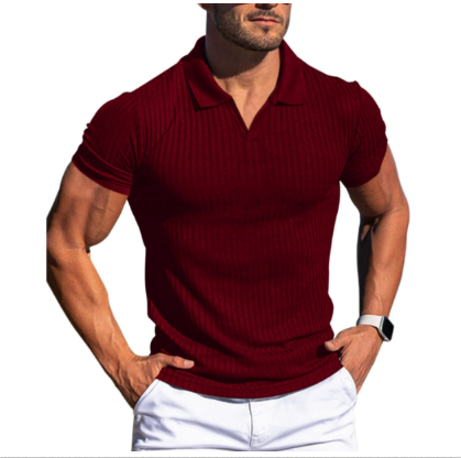 Men's ribbed short-sleeved polo shirt with a slim fit and open collar