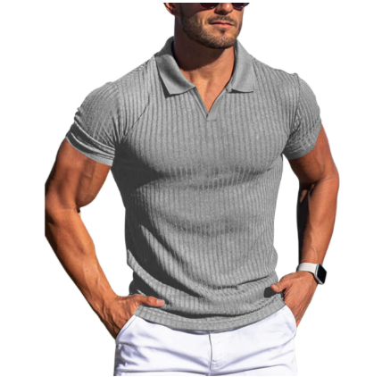 Men's ribbed short-sleeved polo shirt with a slim fit and open collar