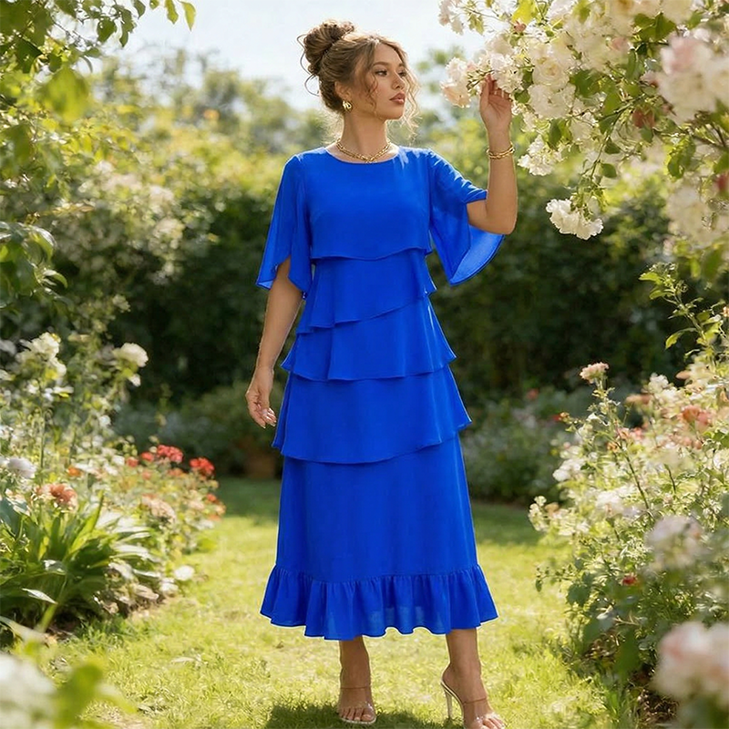 Women's layered ruffle midi dress with round neck and flared sleeves