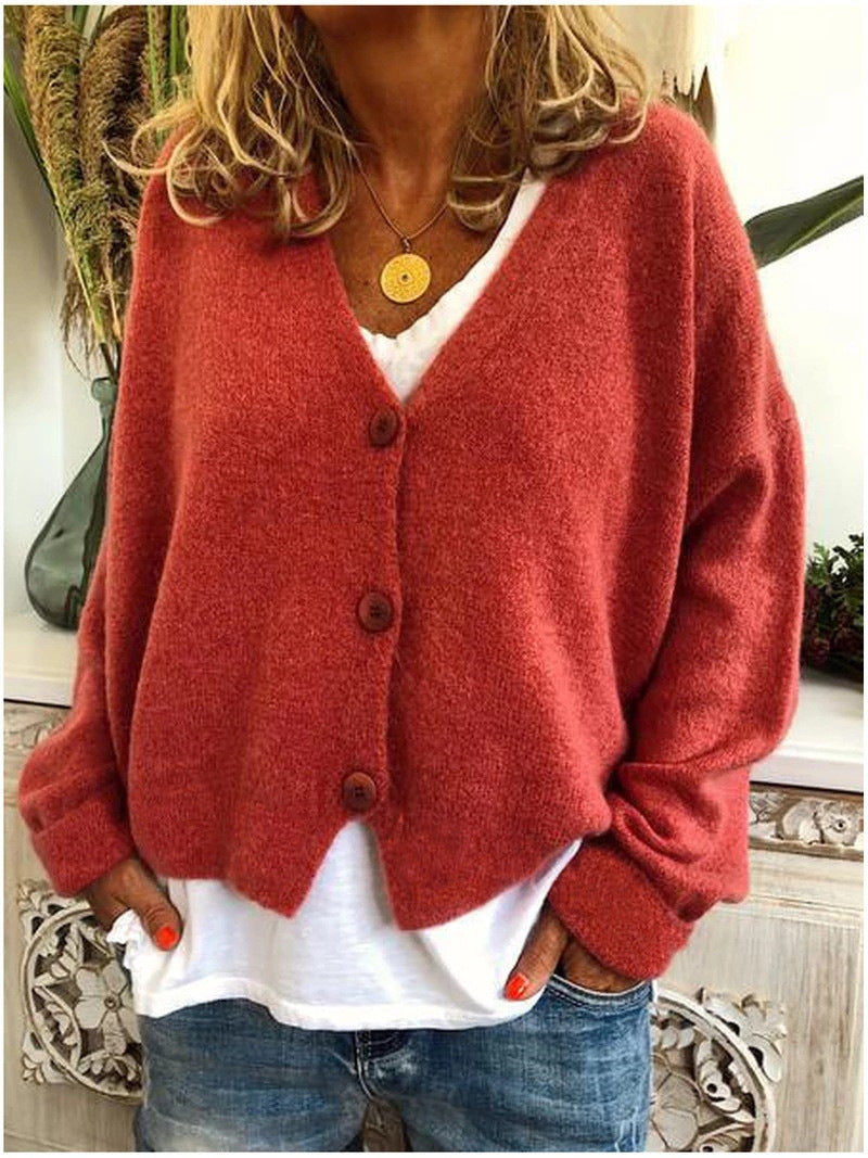 Women's long-sleeve V-neck button cardigan with ribbed cuffs and hem