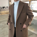 Men's long double-breasted overcoat with notched lapels and button fastening