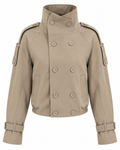 Women's beige cropped double-breasted trench jacket with long sleeves and adjustable cuffs