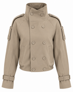 Women's beige cropped double-breasted trench jacket with long sleeves and adjustable cuffs