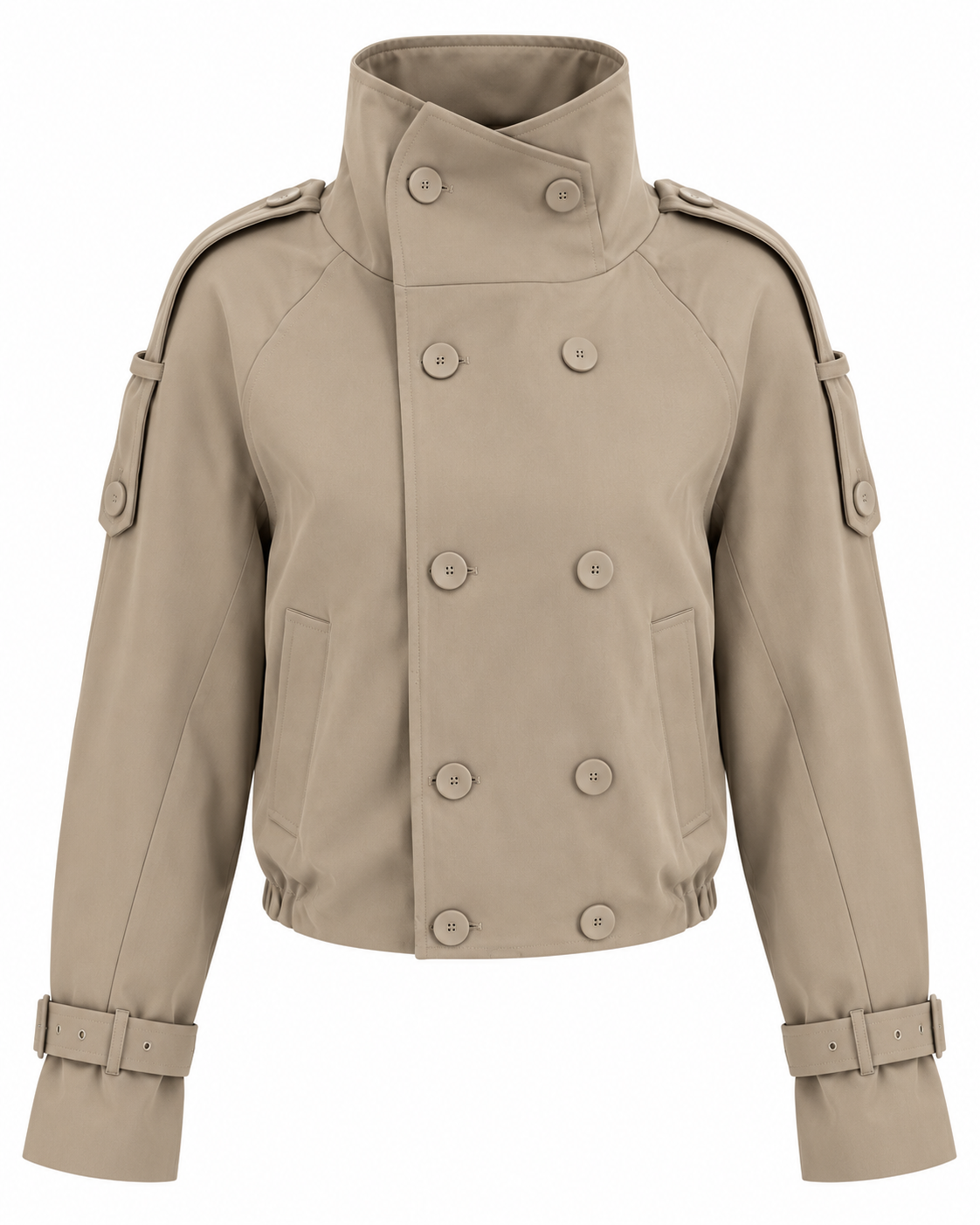 Women's beige cropped double-breasted trench jacket with long sleeves and adjustable cuffs