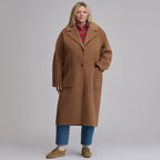 Women's camel long coat with notched lapels, button front and patch pockets