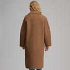 Women's camel long coat with notched lapels, button front and patch pockets
