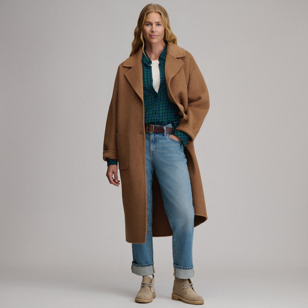 Women's camel long coat with notched lapels, button front and patch pockets