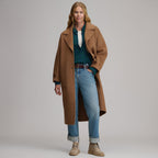Women's camel long coat with notched lapels, button front and patch pockets