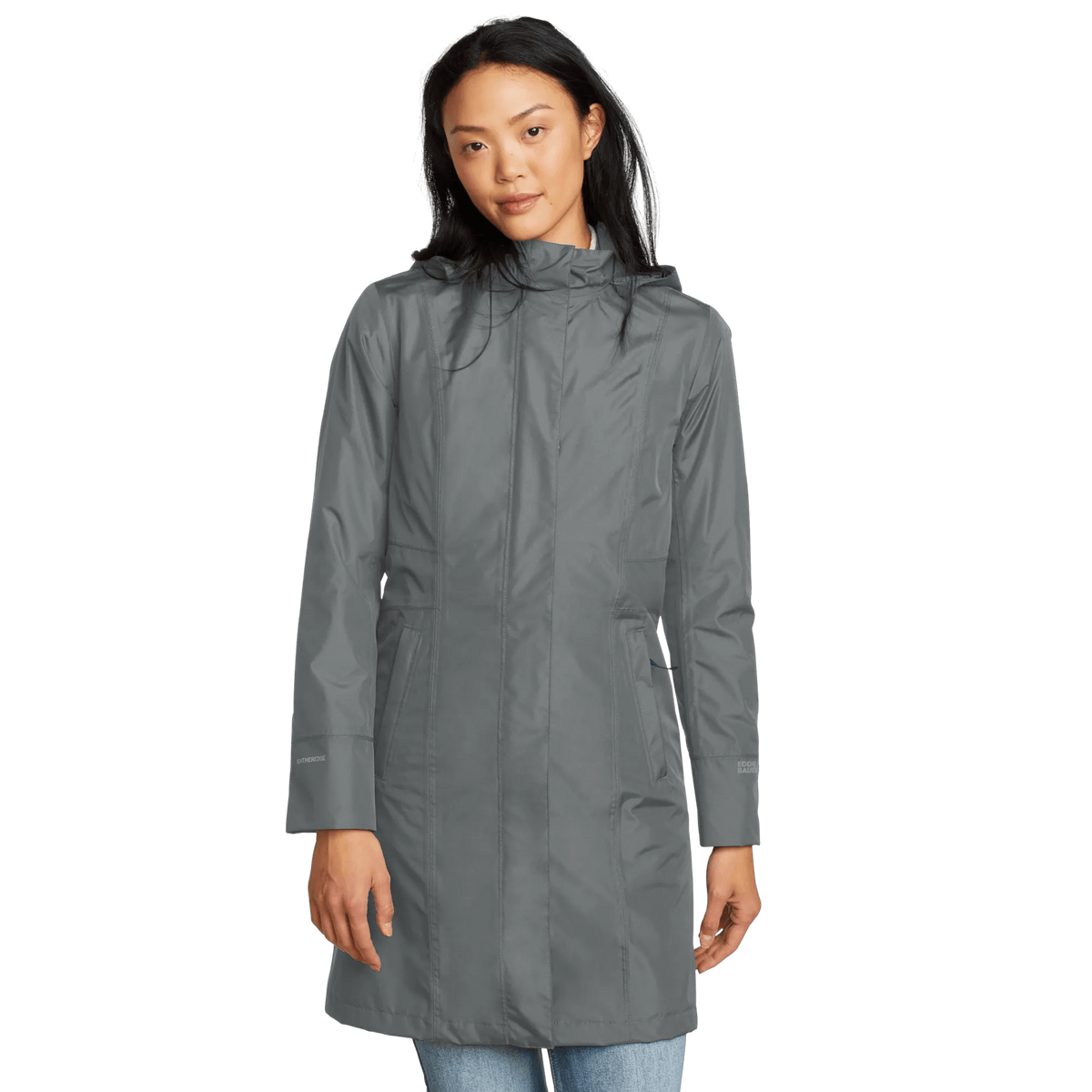 Women's long hooded waterproof trench coat with front zip and welt pockets