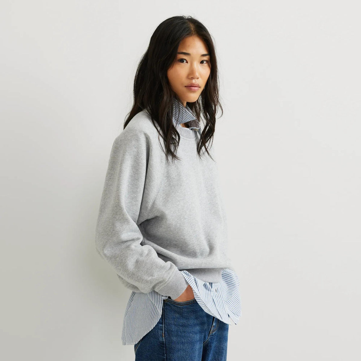Women's long-sleeve crew sweatshirt with ribbed trims and raglan sleeves
