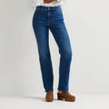 Women's high-rise bootcut jeans with five pockets and button zip fastening
