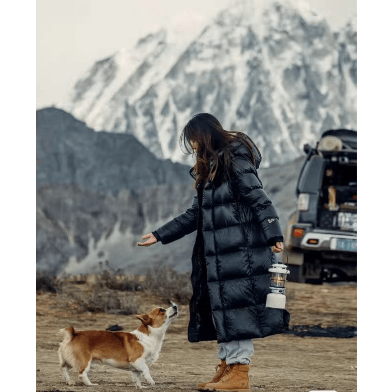 Women's black long hooded quilted puffer coat