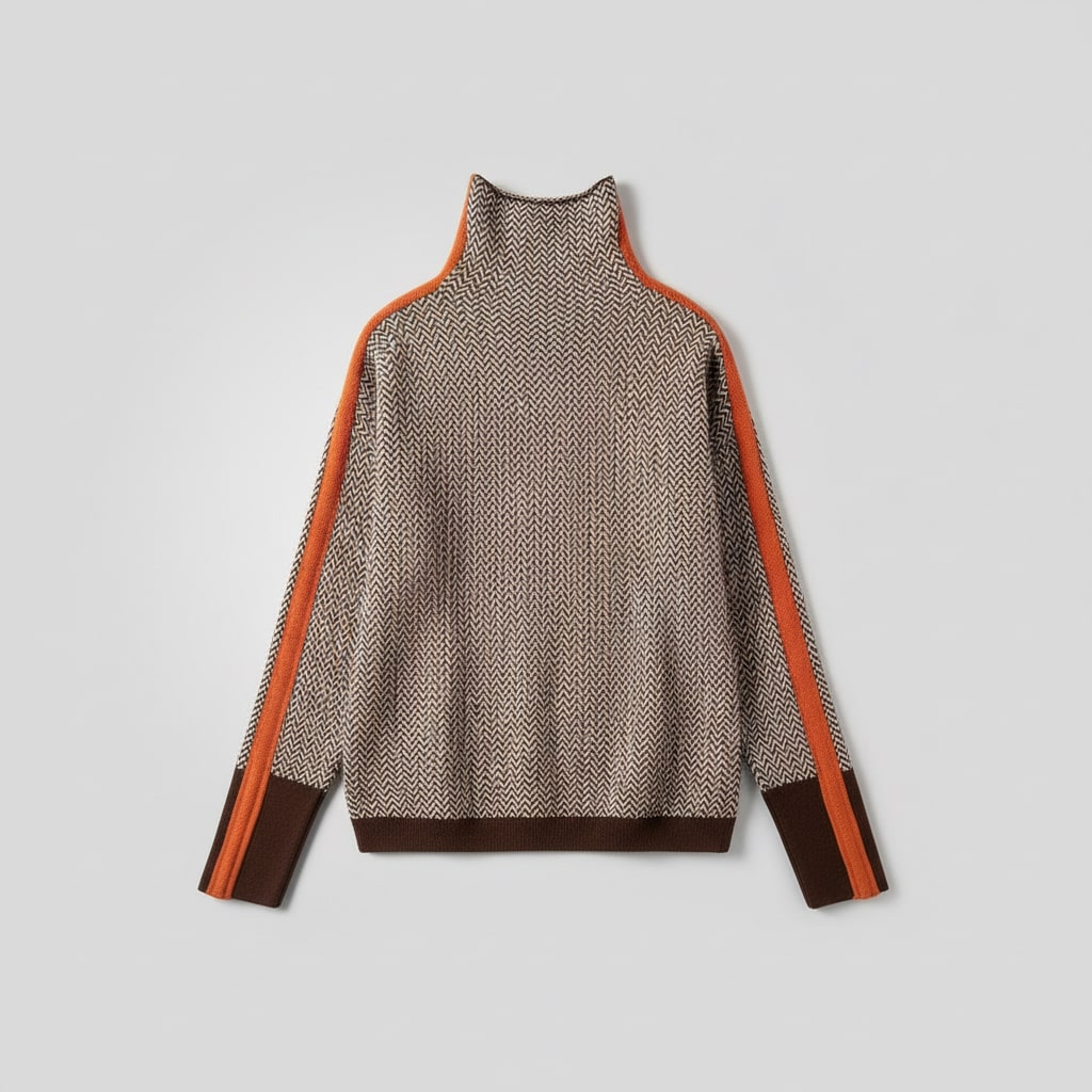 Women's herringbone turtleneck jumper with contrasting striped long sleeves