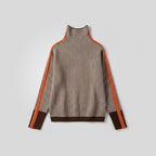 Women's herringbone turtleneck jumper with contrasting striped long sleeves