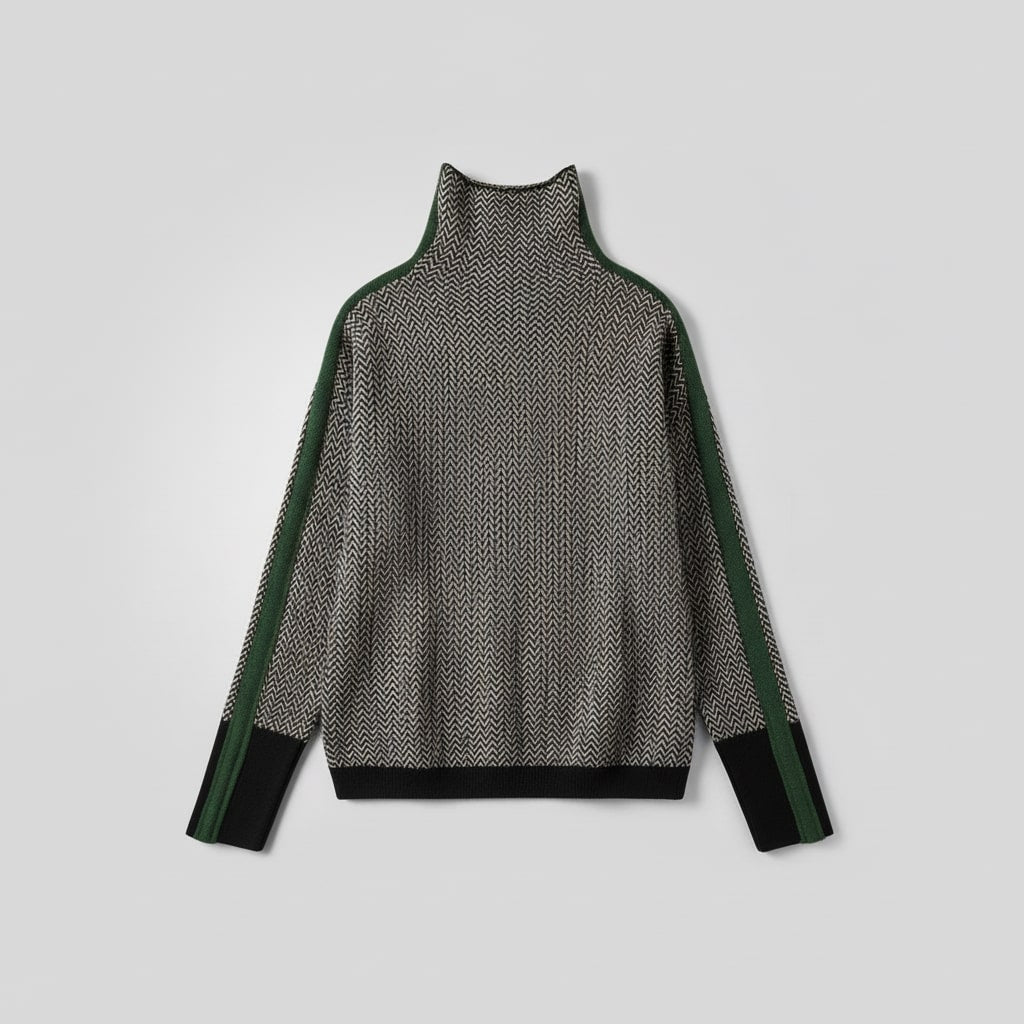 Women's herringbone turtleneck jumper with contrasting striped long sleeves