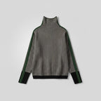 Women's herringbone turtleneck jumper with contrasting striped long sleeves