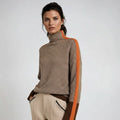 Women's herringbone turtleneck jumper with contrasting striped long sleeves