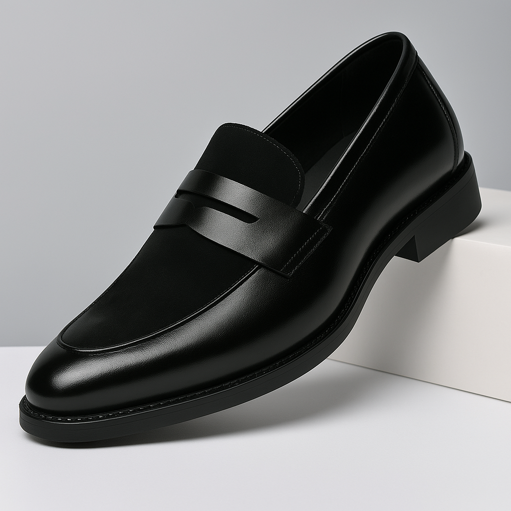 Men's penny loafers with rounded toes, penny straps and low block heels