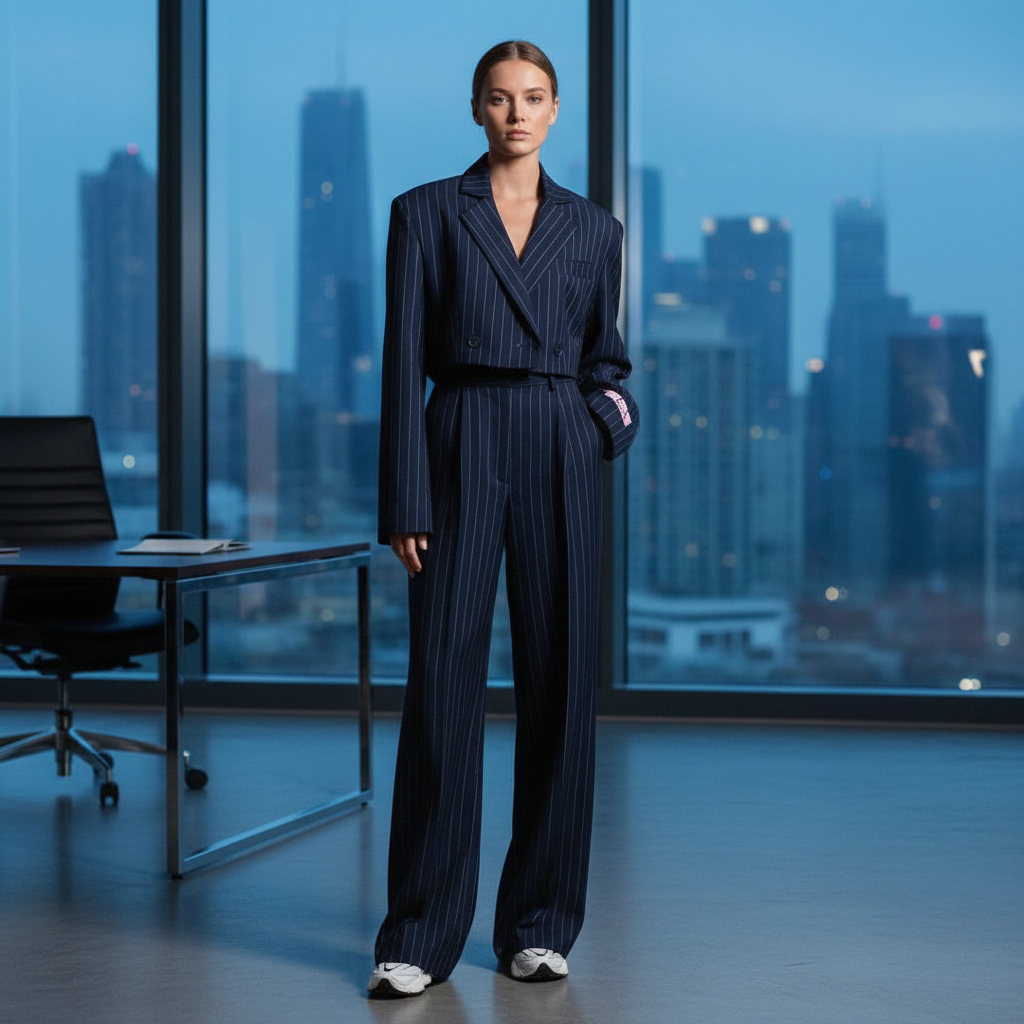 Women's striped trouser suit with cropped buttoned blazer and wide-leg trousers