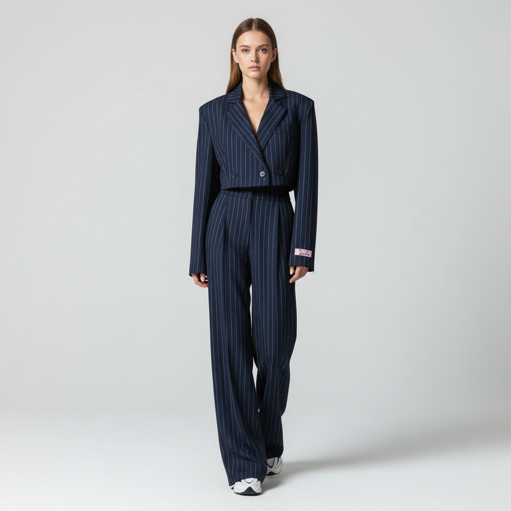 Women's striped trouser suit with cropped buttoned blazer and wide-leg trousers