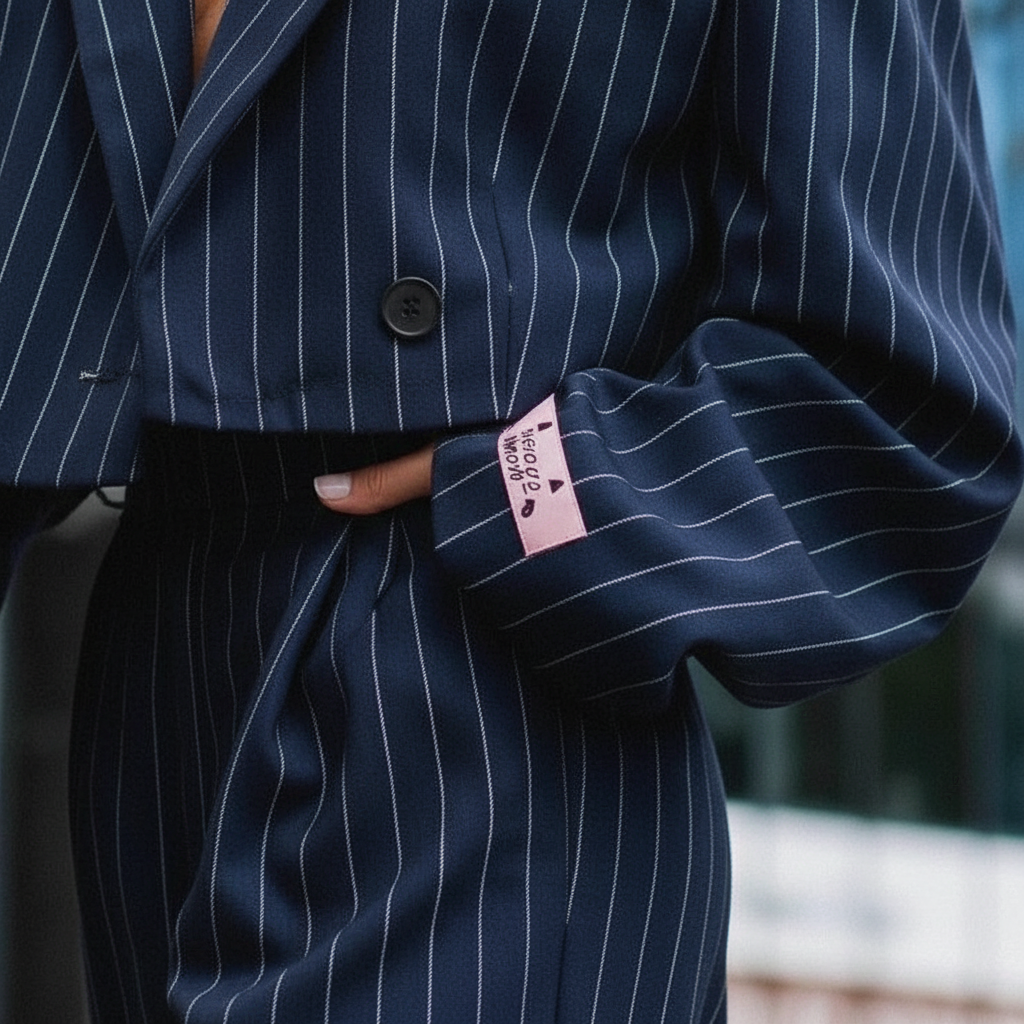 Women's striped trouser suit with cropped buttoned blazer and wide-leg trousers