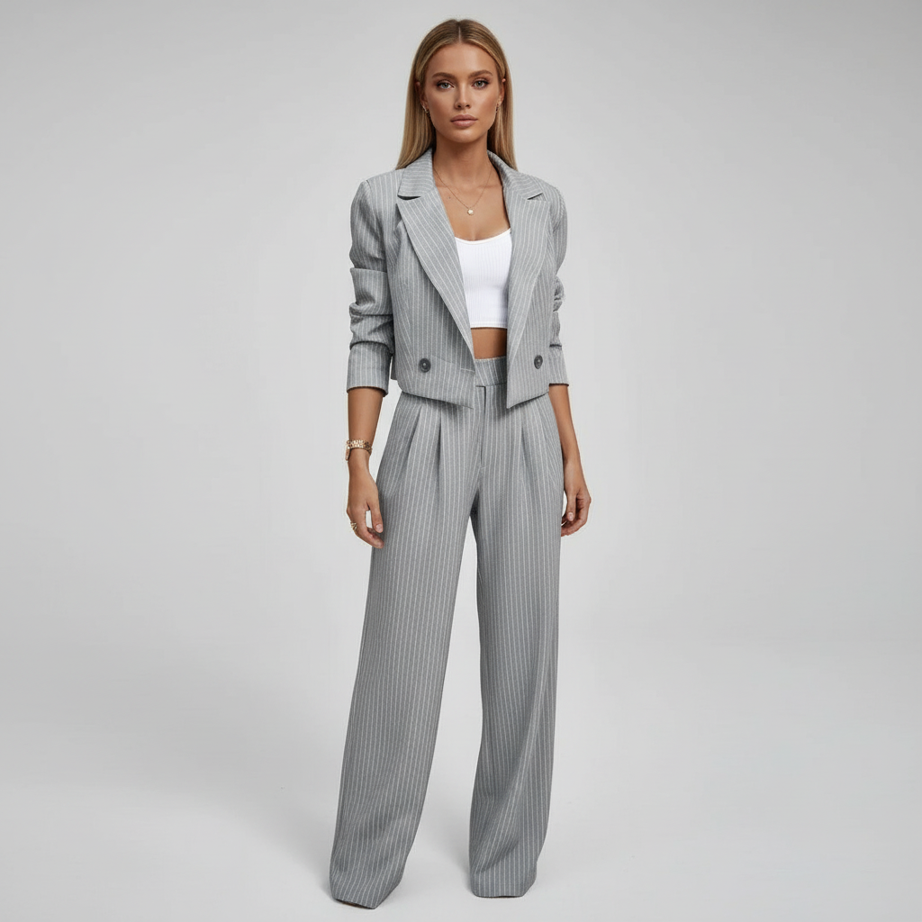 Women's striped trouser suit with cropped buttoned blazer and wide-leg trousers