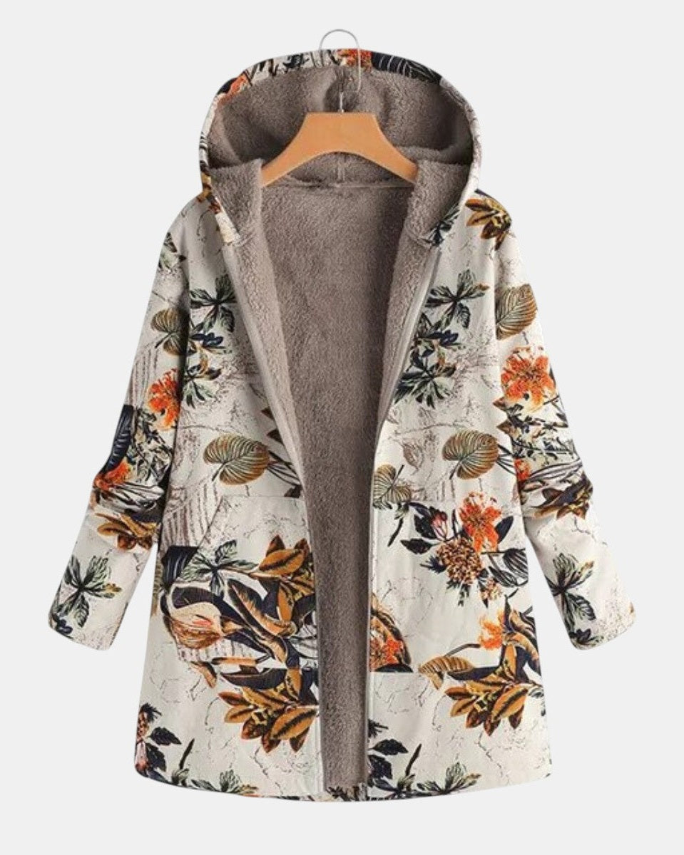 Women's floral hooded coat with long sleeves and textured lining