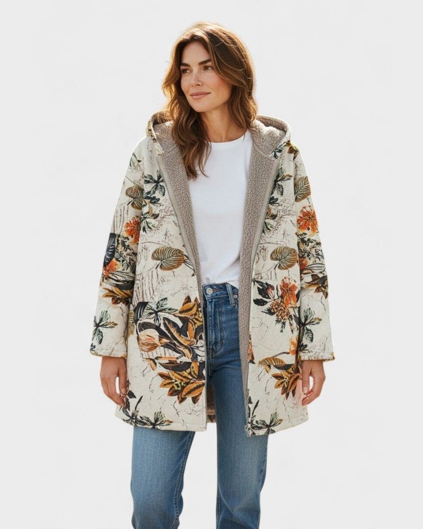 Women's floral hooded coat with long sleeves and textured lining