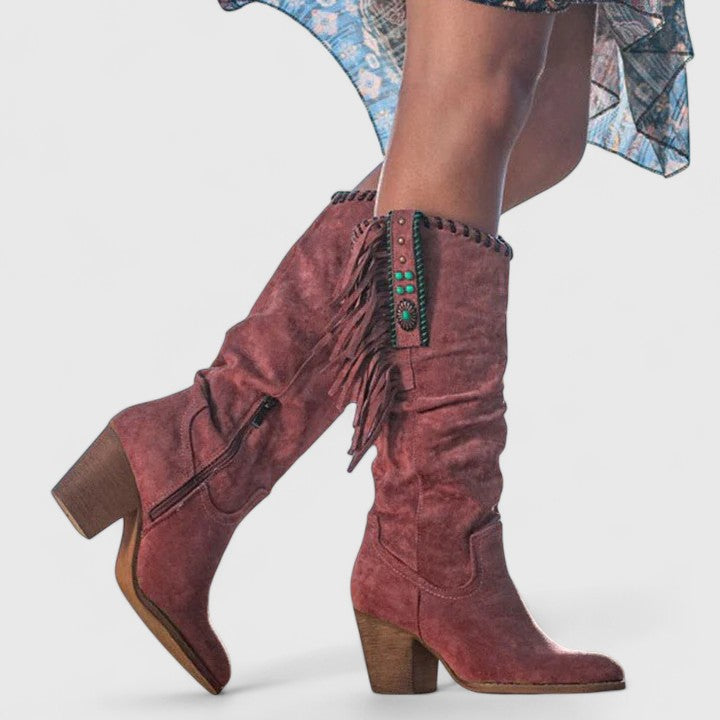 Women's mid-calf cowboy boots with fringe trim, pointed toes and block heels