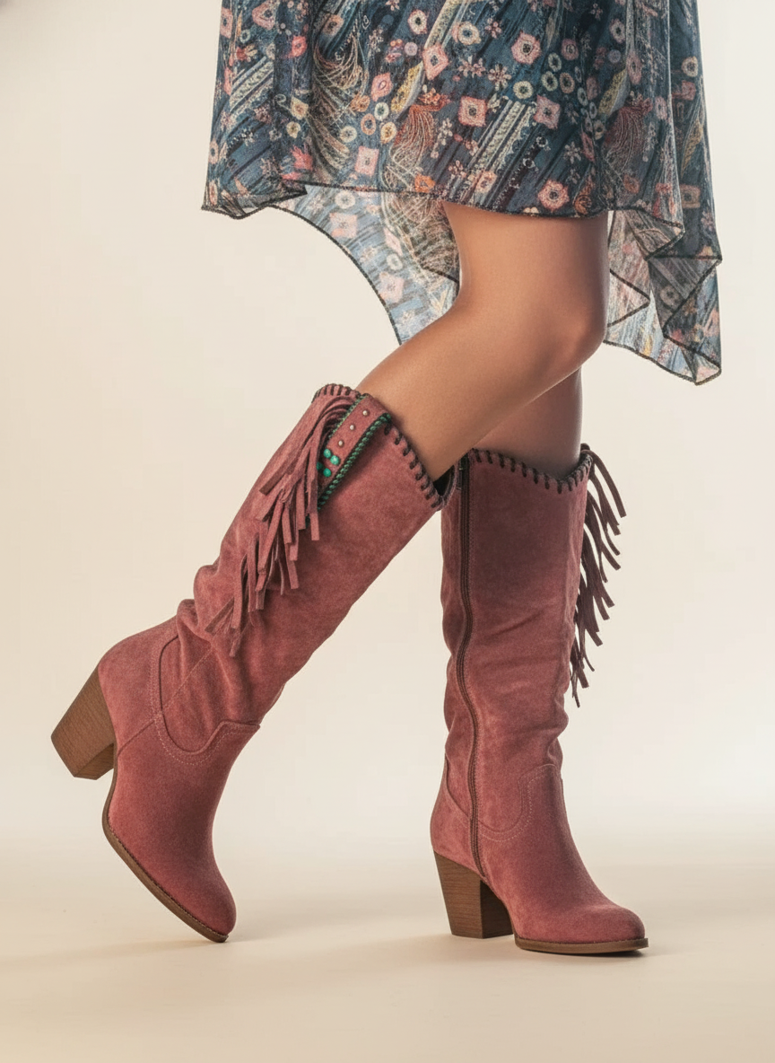 Women's mid-calf cowboy boots with fringe trim, pointed toes and block heels