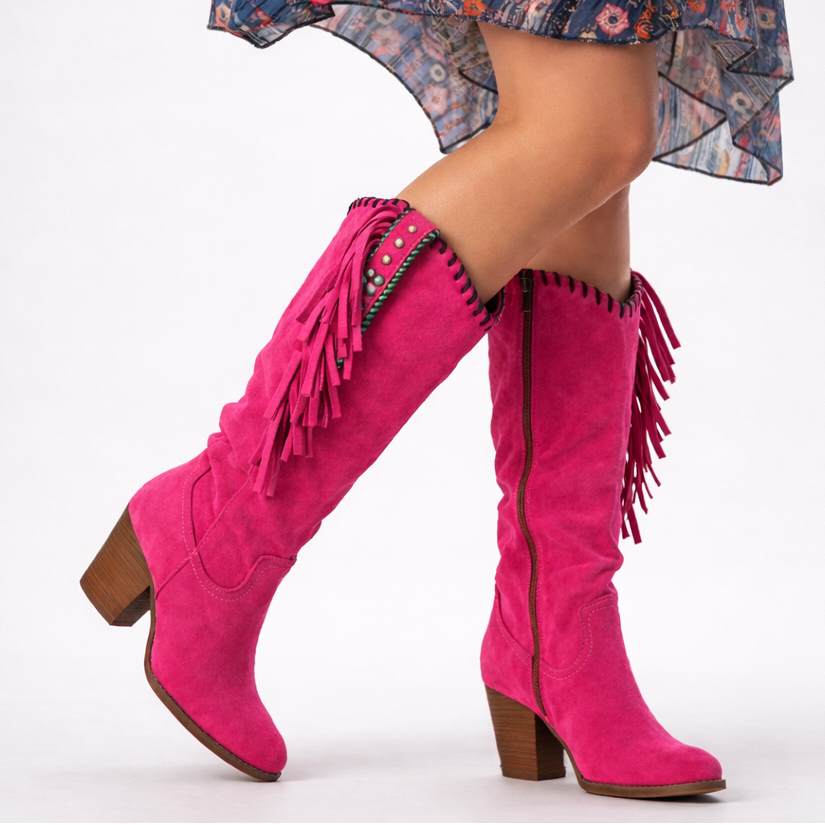 Women's mid-calf cowboy boots with fringe trim, pointed toes and block heels