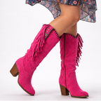 Women's mid-calf cowboy boots with fringe trim, pointed toes and block heels