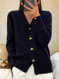 Women's V-neck cardigan with long sleeves, heart-shaped buttons and ribbed trims