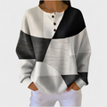 Women's black and white colour-block crew neck jumper with button placket and long sleeves