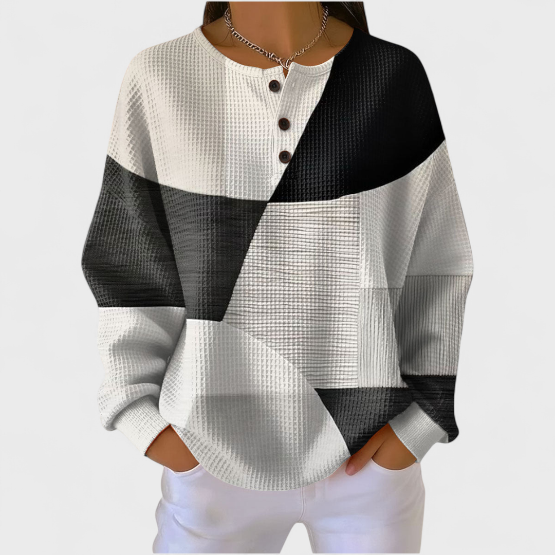 Women's black and white colour-block crew neck jumper with button placket and long sleeves
