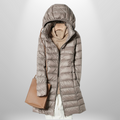 Women's long quilted hooded puffer coat with full zip front
