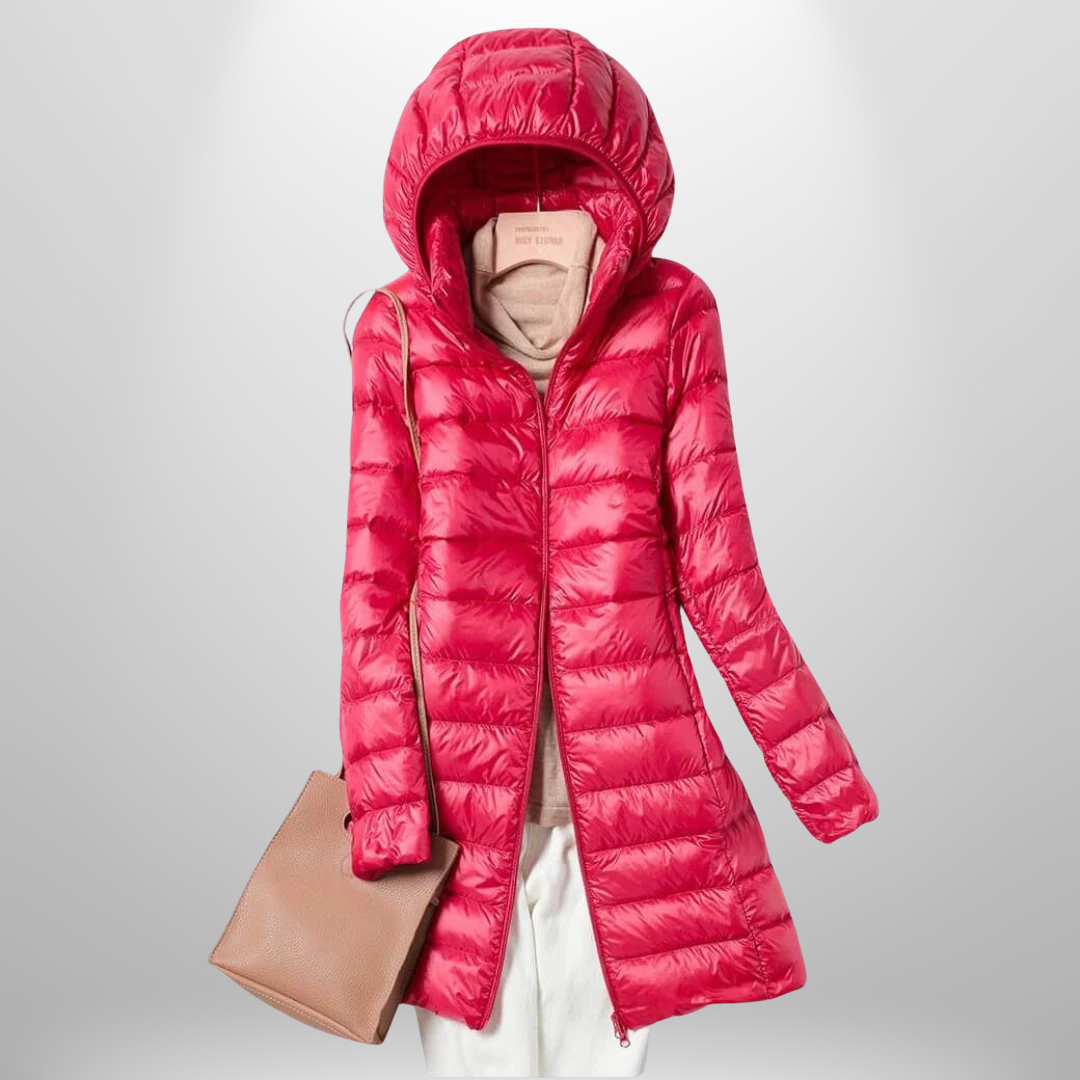 Women's long quilted hooded puffer coat with full zip front