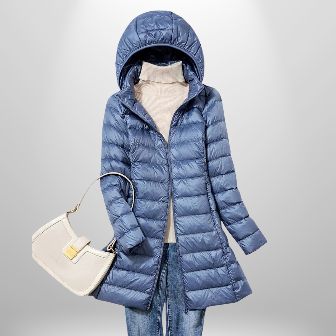Women's long quilted hooded puffer coat with full zip front