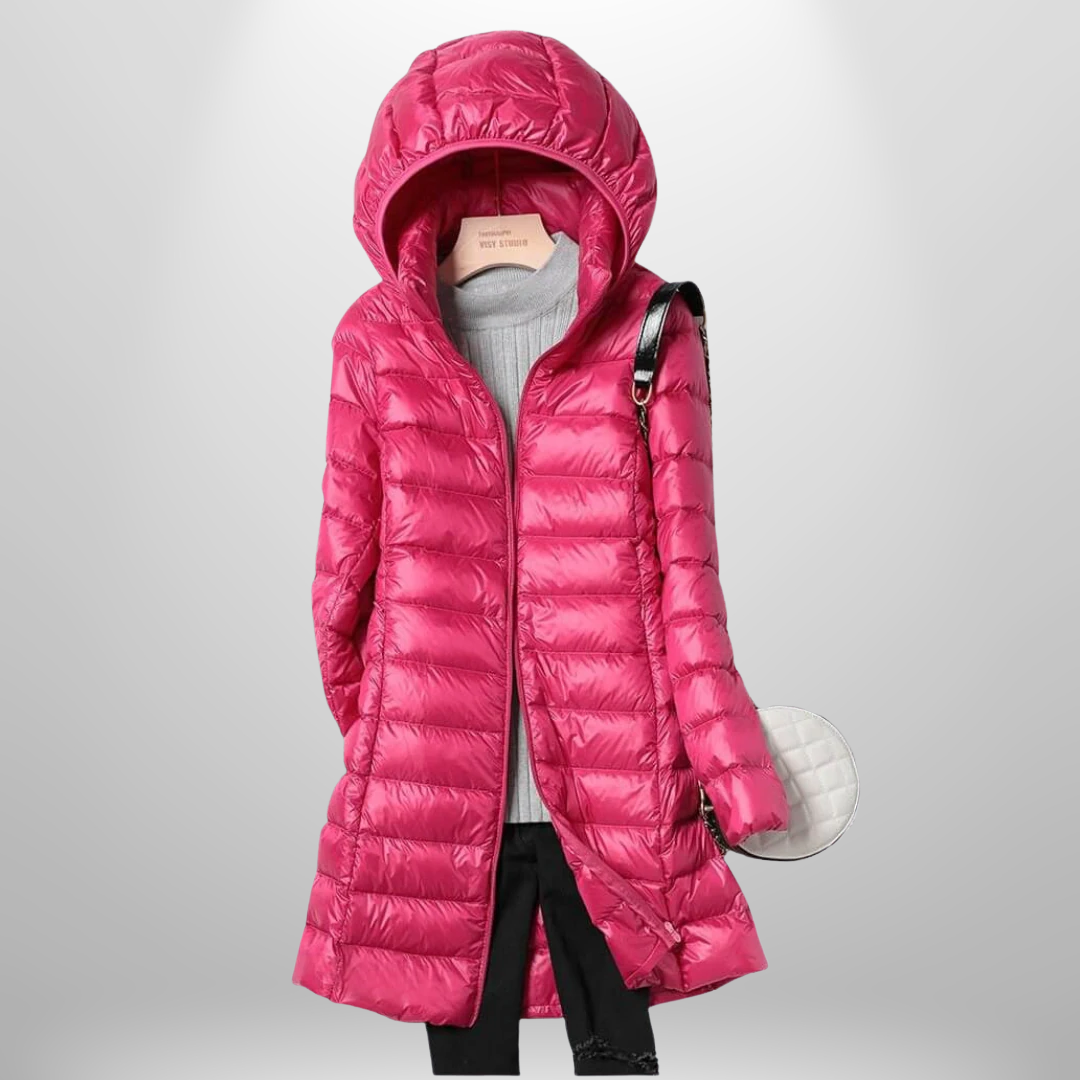 Women's long quilted hooded puffer coat with full zip front