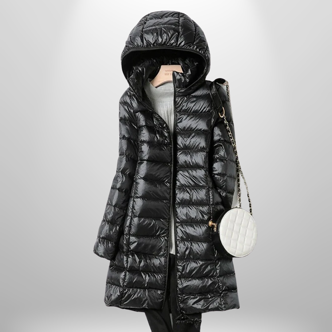 Women's long quilted hooded puffer coat with full zip front