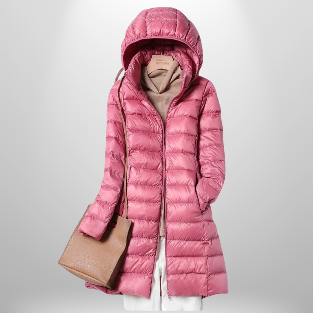 Women's long quilted hooded puffer coat with full zip front