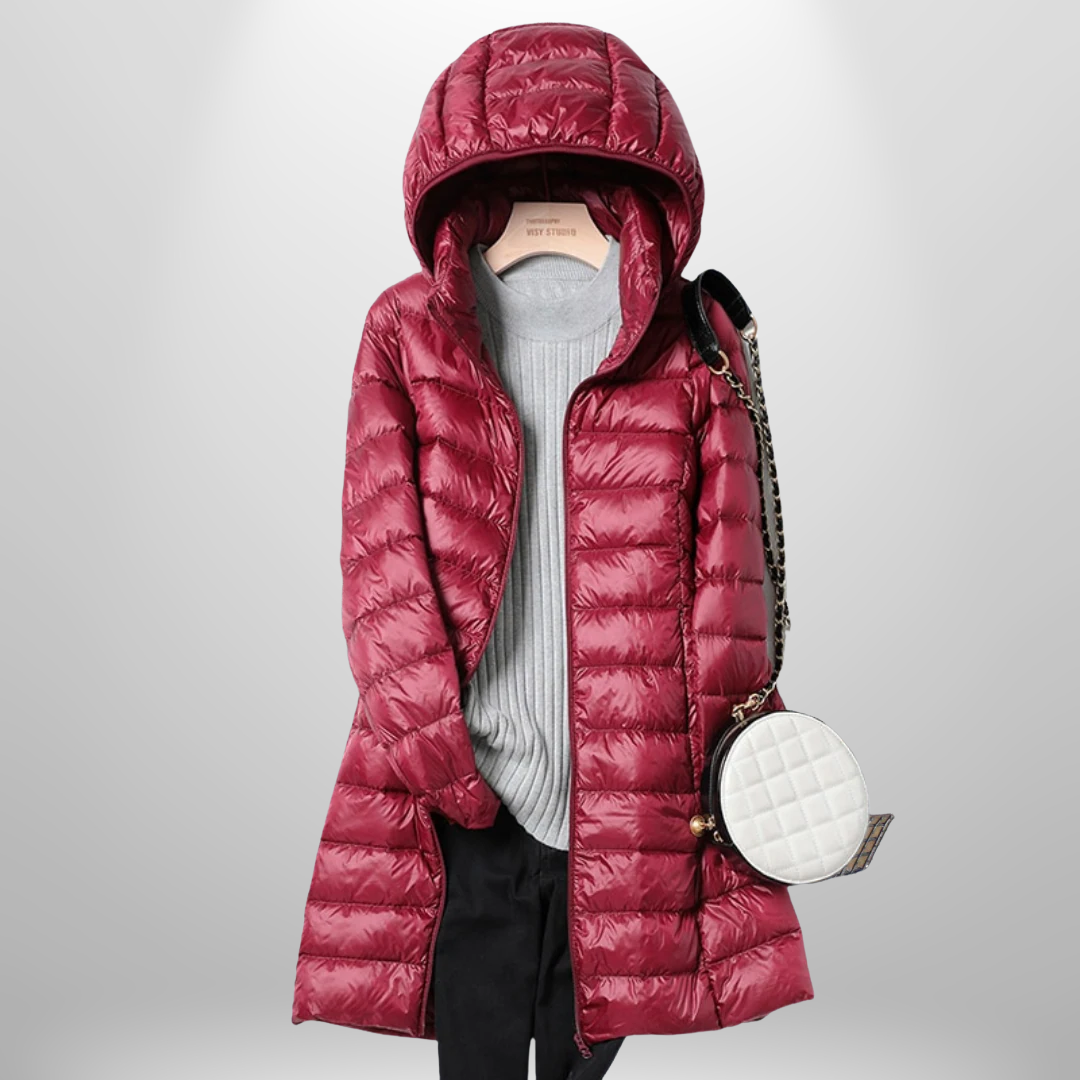 Women's long quilted hooded puffer coat with full zip front