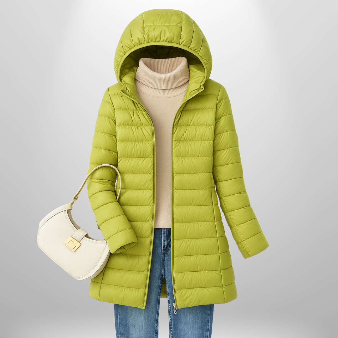 Women's long quilted hooded puffer coat with full zip front