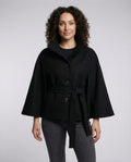 Women's belted wrap jacket with high collar and wide sleeves