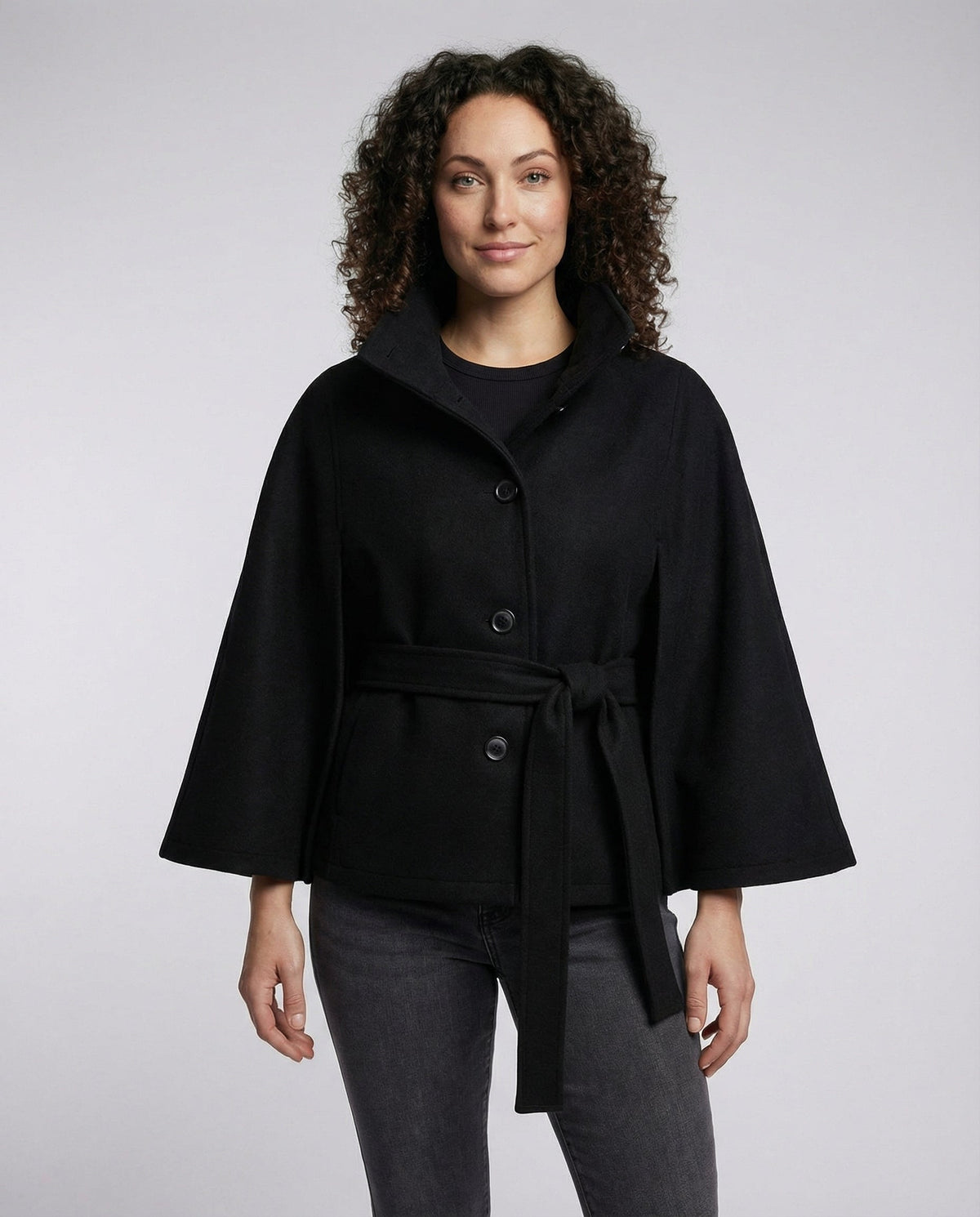 Women's belted wrap jacket with high collar and wide sleeves