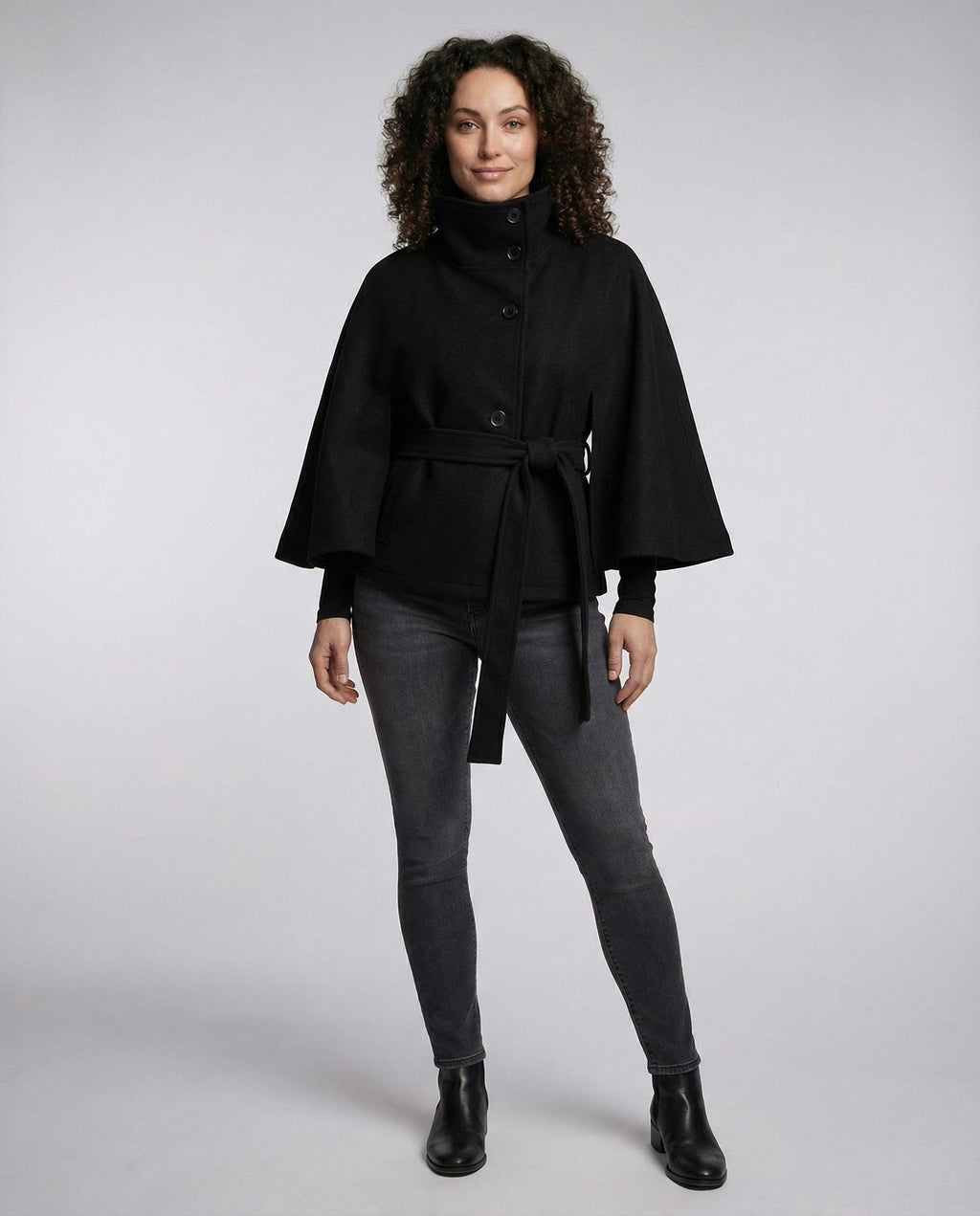 Women's belted wrap jacket with high collar and wide sleeves